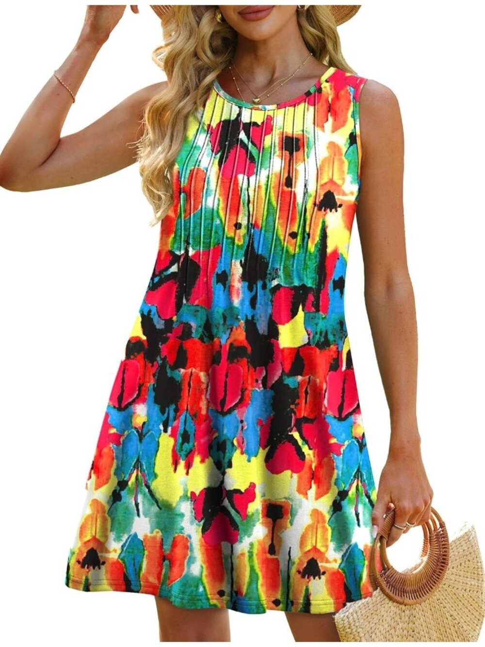 Women's Floral Red Beach Vacation Casual Crew Neck Sleeveless Sun Mini Dress - Picture 3 of 5